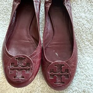 Tory Burch Burgundy Leather Logo Ballet Flats